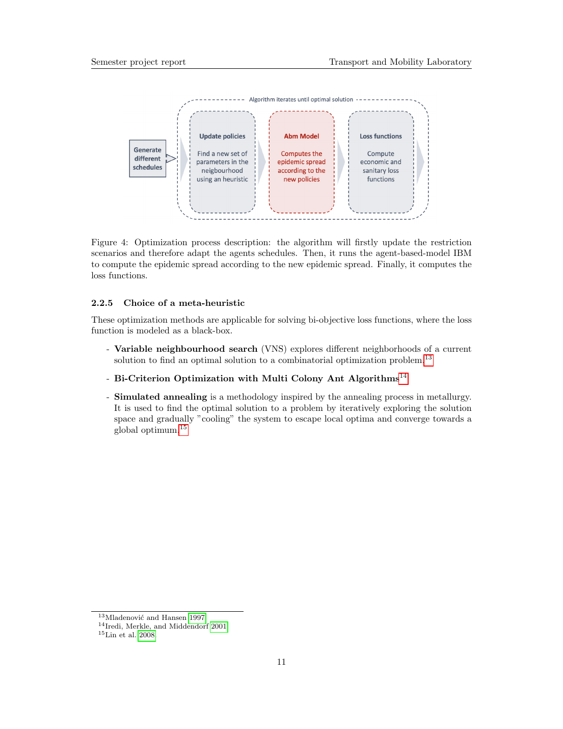 Abbildung 4 aus dem Bericht: die äussere VNS-Schleife. An jeder Iteration schlägt der Algorithmus einen Politikzug vor (Szenario-Flip für eine Altersgruppe oder temporale Verschiebung des Beschränkungsfensters), passt die Schedules entsprechend an, lässt das IBM vorwärts laufen und berechnet beide Verluste neu. Pareto-dominierte Vorschläge werden verworfen; nicht-dominierte erweitern die Frontier. Stagnation löst einen Nachbarschaftswechsel aus, der Zug, der den Algorithmus löst.