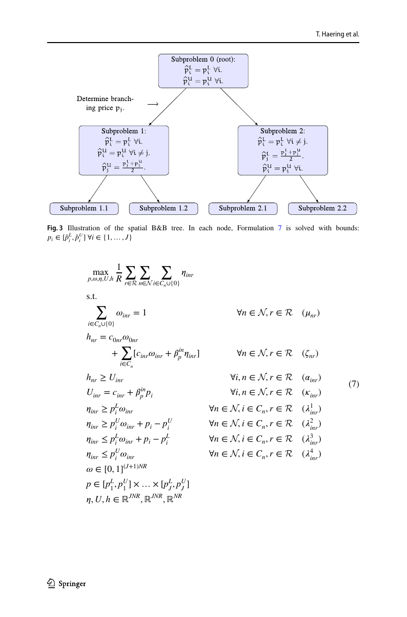 Figure 3 et Formulation 7 de l'article : l'arbre B&B spatial (en haut) et la relaxation LP de McCormick résolue à chaque nœud (en bas). Chaque sous-problème hérite d'une boîte plus serrée [p̂_i^L, p̂_i^U] ; les inégalités de McCormick λ¹ – λ⁴ remplacent la bilinéarité η_inr = p_i ω_inr par l'enveloppe convexe linéaire la plus serrée sur la boîte courante. Nous branchons uniquement sur les J variables de prix (pas sur les JNR η ou ω), ce qui garde l'arbre gérable à mesure que la taille des instances augmente.