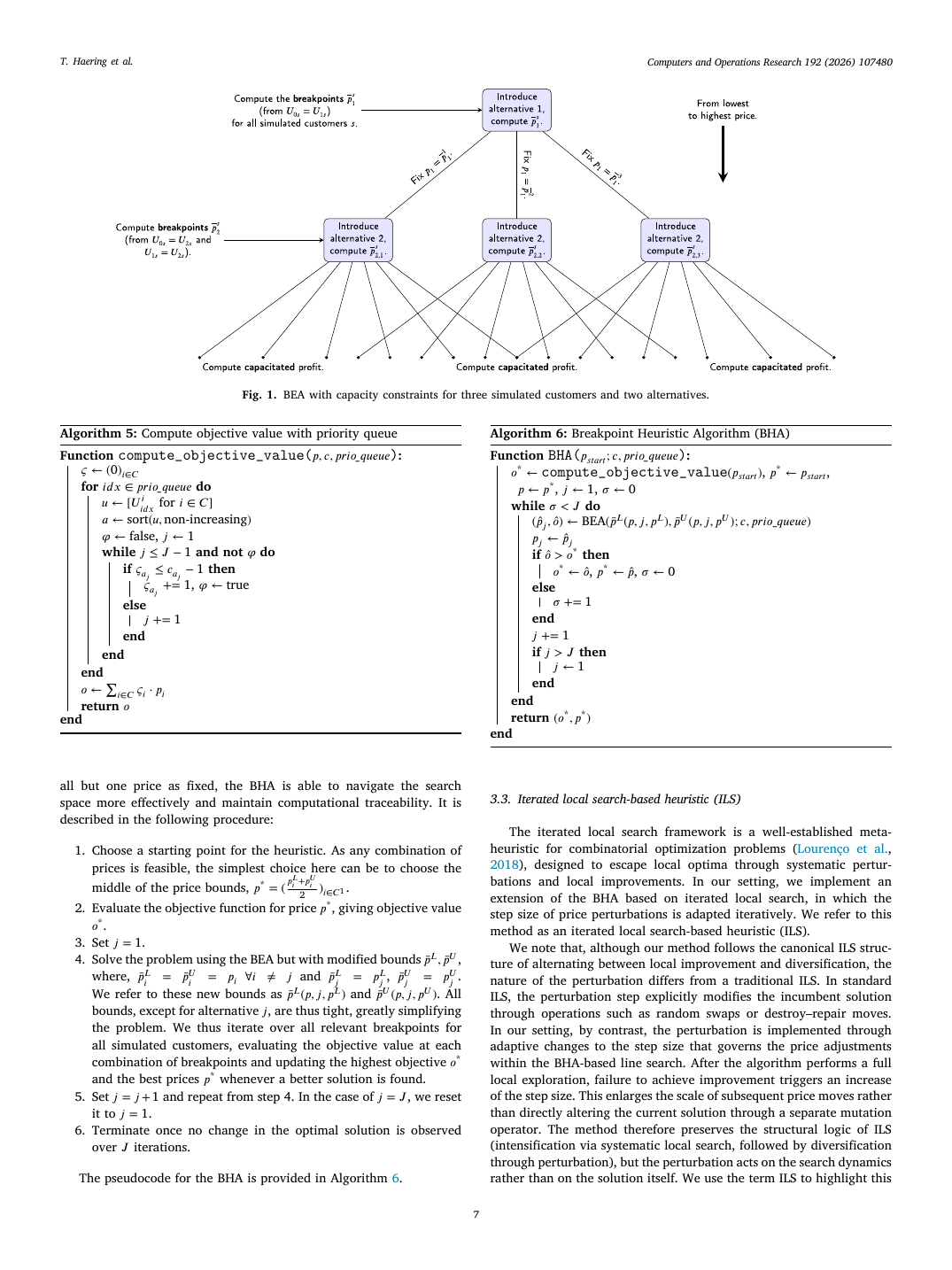 Figure 1 from the paper: the capacitated BEA enumeration tree for three simulated customers and two priced alternatives. Each node is a partial price configuration; each branch corresponds to fixing the next coordinate's price to one of the customer-scenario breakpoints. The exponential-in-J growth visible here is exactly what motivates the BHA: by running a 1D BEA at a time (instead of a J-dimensional one) we walk a single root-to-leaf path per coordinate sweep instead of enumerating the full tree.